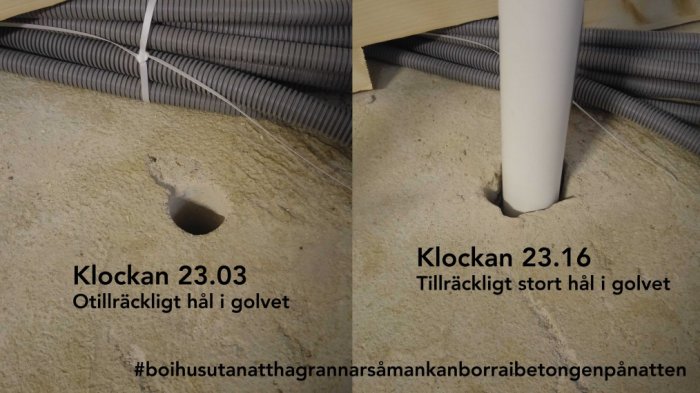 Betonggolv med två hål borrade för rörinstallation, text markerar tid och hålens storlek.