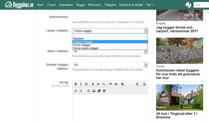 Skärmdump av inställningsmenyn på Bygghus.se med diskussionstrådar om byggprojekt i bakgrunden