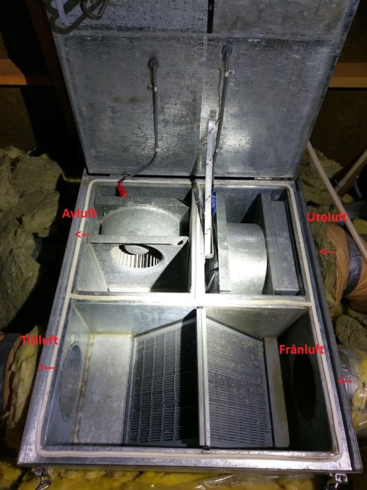 Öppet ventileringsaggregat i isolerat vindsutrymme med märkta delar: tilluft, avluft, uteluft och frånl.