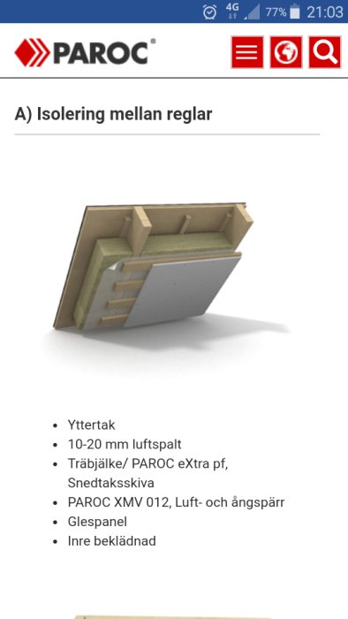 Diagram över takkonstruktion med isolering mellan reglar, luftspalt, och yttertakdetaljer mot vit bakgrund.