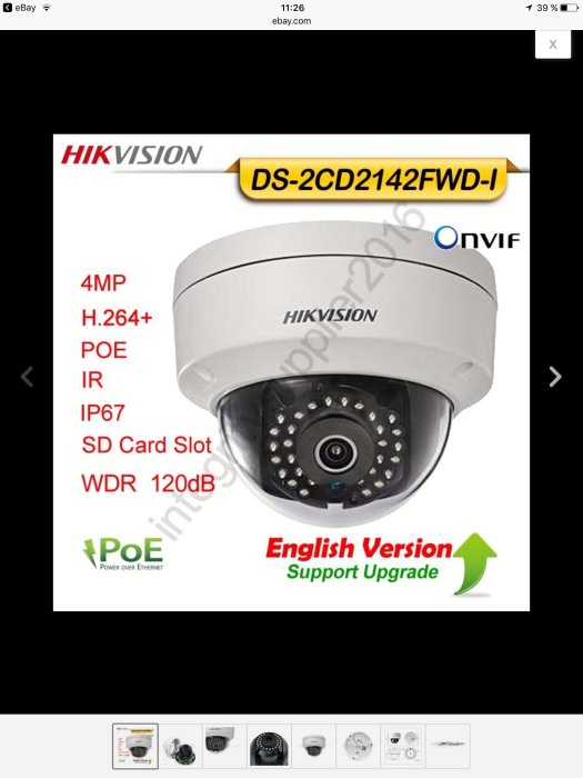 Skärmbild av en Hikvision DS-2CD2142FWD-I nätverkskamera med IR, 4MP upplösning, POE, och WDR 120dB funktioner, visad på eBay.