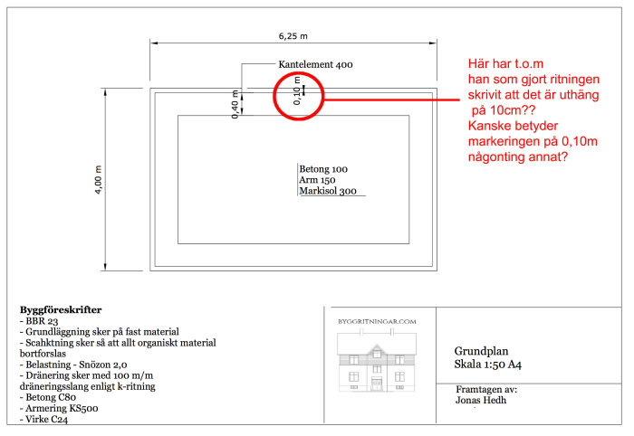 Ritning av grund med angivna mått och markeringar, och kommentar om ett möjligt fel på utmått.