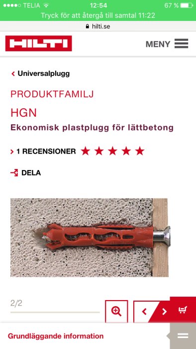 Skärmbild som visar en plastplugg för lättbetong från Hilti, med fyra röda stjärnor betyg, på en byggmaterial webbsida.