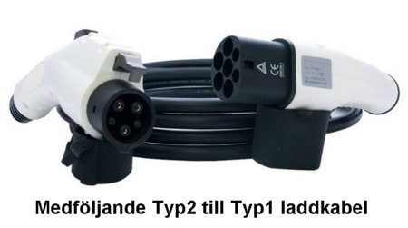 Typ2 till Typ1 laddkabel för elfordon, med anslutningsdon och text.