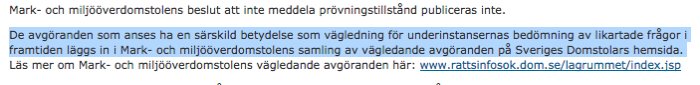 Skärmdump av ett diskussionsinlägg om Mark- och miljödomstolens vägledande domar med länk till hemsida.