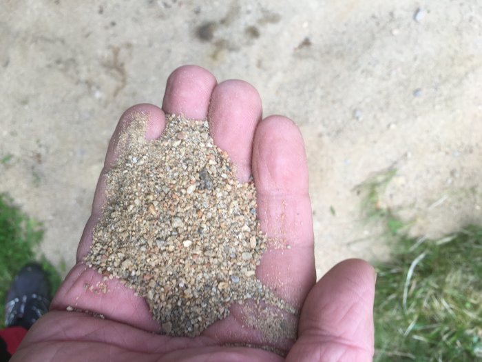 En hand håller sand med olika kornstorlekar över en sandig markyta.