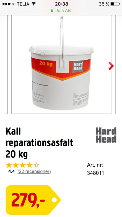 Hink med kall reparationsasfalt märkt Hard Head, 20 kg, på Jula butikens webbsida.