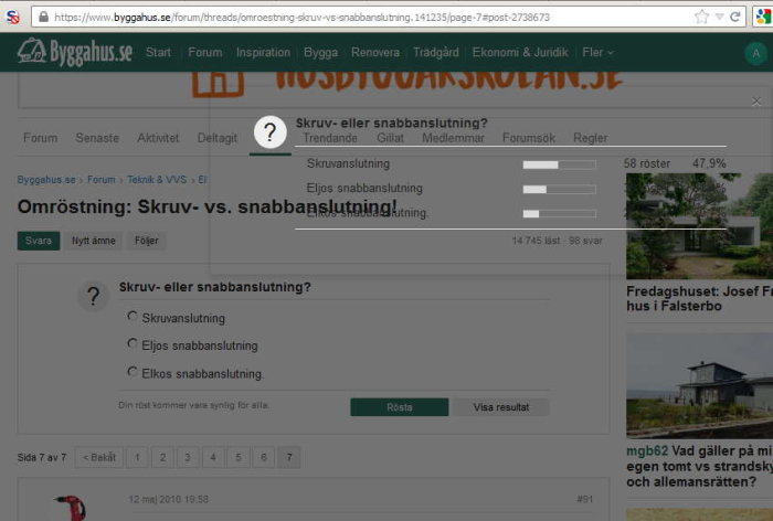 Skärmdump av ett diskussionsforum med en omröstning om skruv- mot snabbslutningar, missnöje uttryckt.