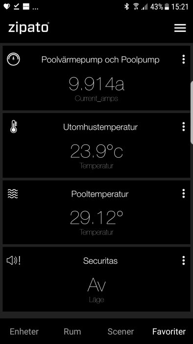 Skärmdump av smart hem-system som visar ström till poolvärmepump och poolpump samt utomhus- och pooltemperatur.