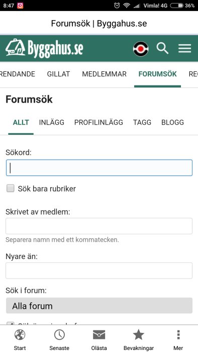 Skärmdump av forumets sökfunktion i en mobilapp med navigationsmeny synlig i botten.