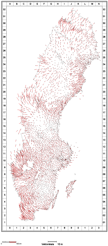 Karta som visar avståndsvektorer mellan RT 38 och RT 90 över Sverige.