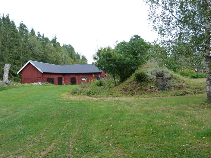 Röd träladugård med slitet timmervirke vid gräsmark, delvis dold av nyare plank.