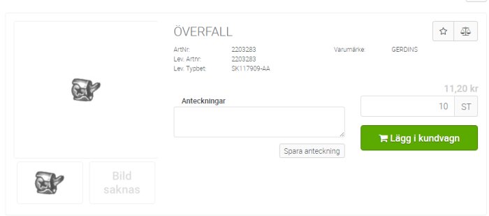 Överfallsprodukt kallad "fiskfjäll" med artikelnummer E22 032 83 på en webbshop, pris och lägg i kundvagn-knapp synlig.