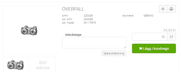 Dubbelt överfall i metall med e-nummer och produktdetaljer listade på en onlinebutiks webbsida.