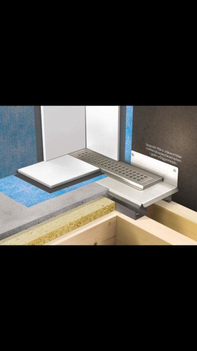 Illustration av golvbrunn unidrain 1004 monterad väggnära i ett hörn med flytspacklat golv och väggskivor.