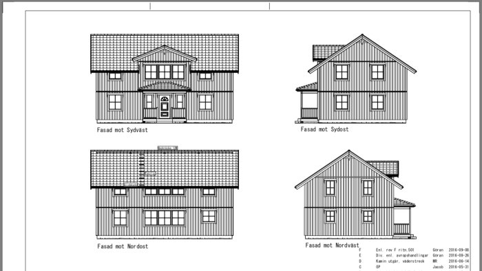 Ritningar visar husets fyra fasader inklusive takkupa och veranda.
