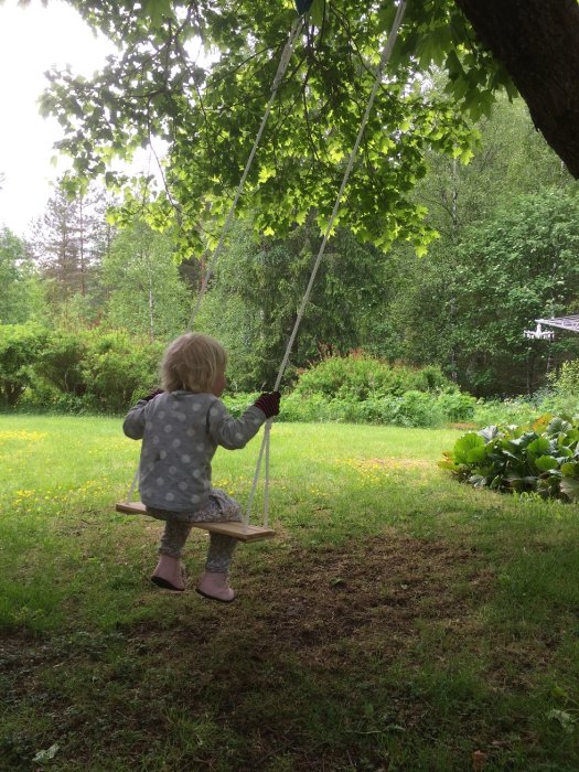 Barn som gungar på en enkel trägunga under ett träd i en grönskande trädgård.