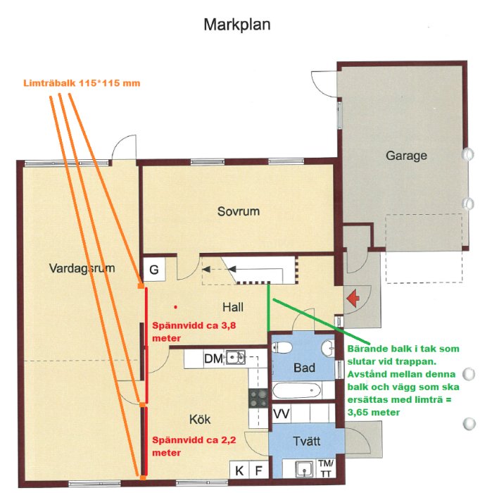 Planskiss över hus med markerade limträbalkar, pelare och spännvidder i vardagsrum och kök.