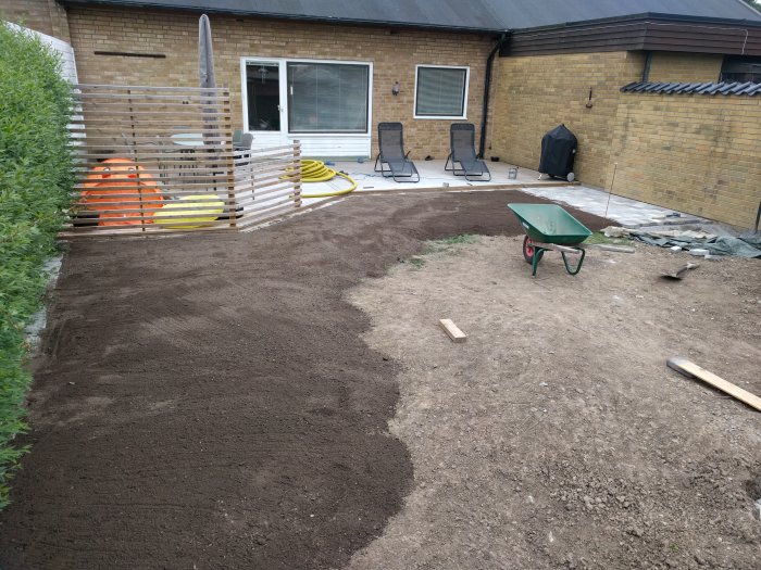 Nyutjämnad mark för ett byggprojekt med en grön skottkärra, uteplats och staplade byggmaterial i bakgrunden.