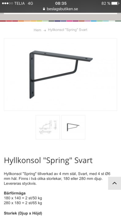 Svart hyllkonsol "Spring" i stål, monteringssida och måttangivelser synliga.