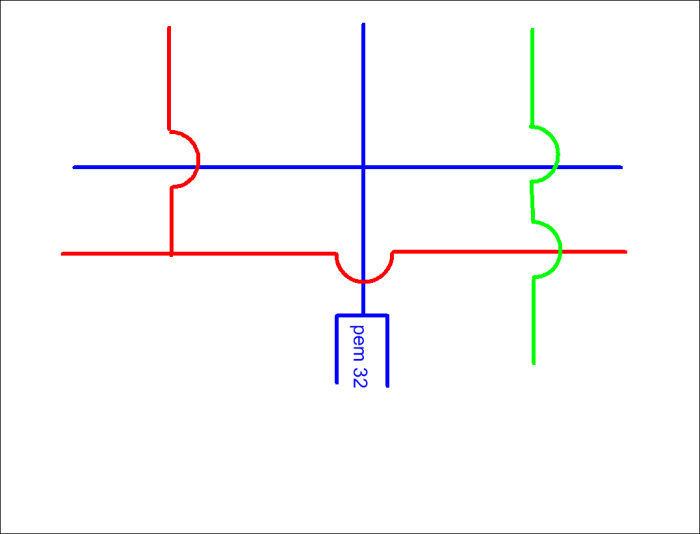 Skiss av rörinstallation med röda, blåa och gröna linjer som indikerar olika ledningar och en PEM-koppling.
