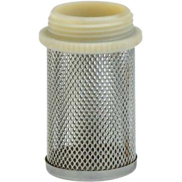 Backventil med korgfilter i metallnät, tätning i övre ände, avsedd för brunninstallation.
