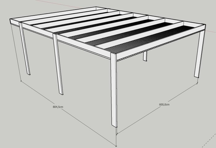 3D-ritning av ett planerat solskydd över terass med dimensioner och reglar.