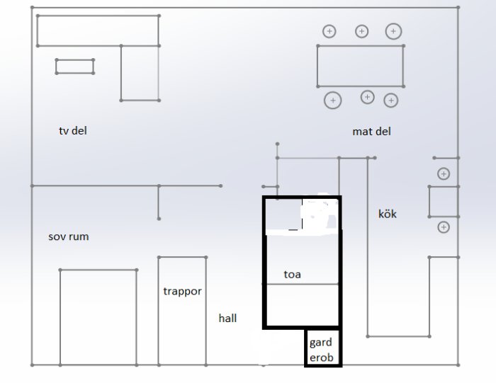 Ritning av en bostadsplanlösning med badrum, garderober, kök och andra rum markerade.