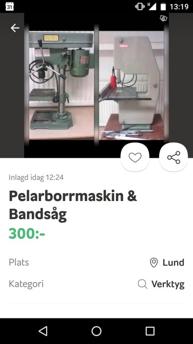 Inca bandsåg och pelarborrmaskin i verkstadsomgivning.