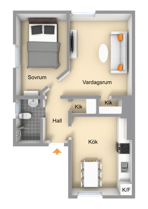 3D-planritning av en lägenhet som visar befintlig struktur med kök, vardagsrum, sovrum och hall.