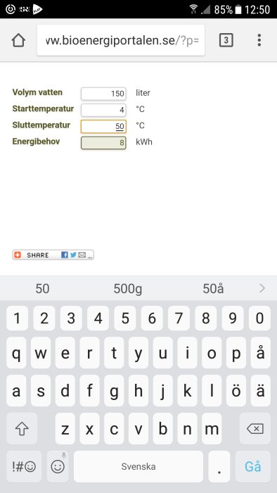 Skärmbild av energiberäkningsverktyget med fält för vattenvolym, start- och sluttemperatur samt energibehov ifyllt.