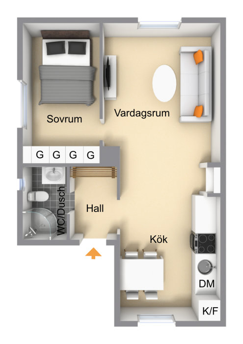 3D-planritning som visar en lägenhet med sovrum, vardagsrum, kök, hall och badrum, och den markerade bärande väggen.