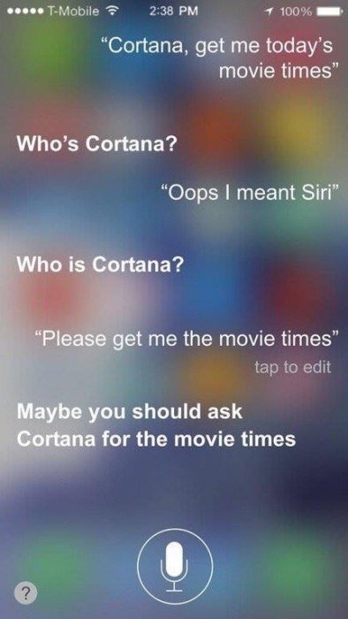 Skärmavbild av en smartphone med röstassistent-dialog som förväxlar Siri med Cortana.