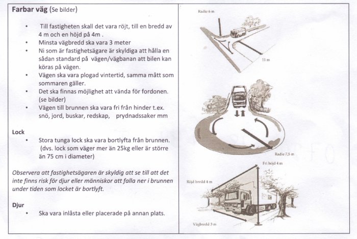 Illustration av krav på vägutformning för åtkomst, inkluderar en vändplats, lastbil och röjd väg.