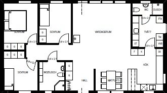 Ritning av en bostadsplan med markerade golvläggningsriktningar i samtliga rum.