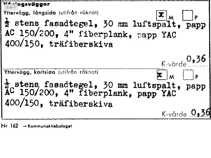 Skiss över ytterväggskonstruktion med markeringar för tegel, luftspalt, isolering och pappmaterial, inklusive specifikationer.