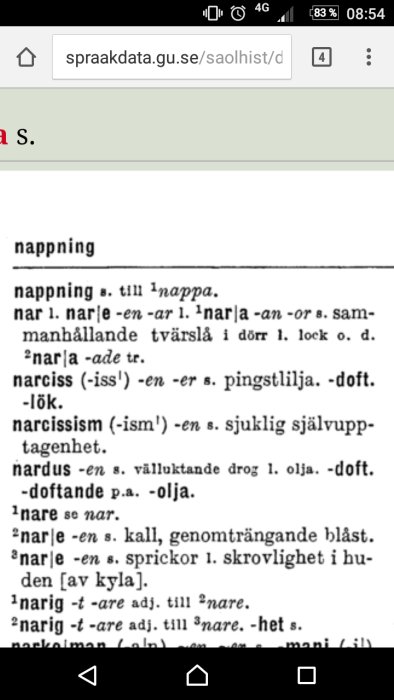 Skärmdump av ordboksuppslag med svensk text som visar orden 'nappning', 'nar', 'narciss' och 'narcissism'.