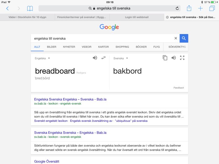 Skärmdump av en översättningssida som visar tvetydighet mellan "breadboard" och "bakbord" i en engelsk-svensk översättning.