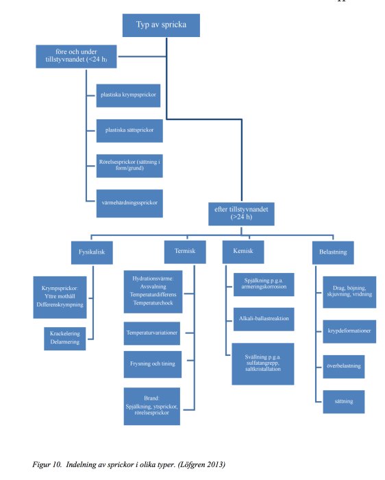 Diagram som visar klassificering av olika typer av sprickor i betong baserat på tidpunkt och orsak.