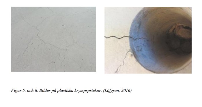 Två bilder på plastiska krympsprickor i betong; en yta med sprickor och en närbild av sprickor vid en röröppning.