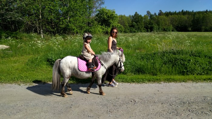 Barn och vuxen rider på ponny på en landväg vid ett fält, soligt väder.