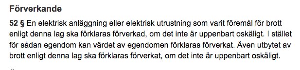 Textutdrag ur Elsäkerhetslagen med rubriken "Förverkande" behandlande elektrisk anläggning och utrustning.