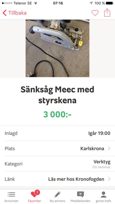 Cirkelsåg av märket Meec med styrskena på betonggolv, annonserad för försäljning.