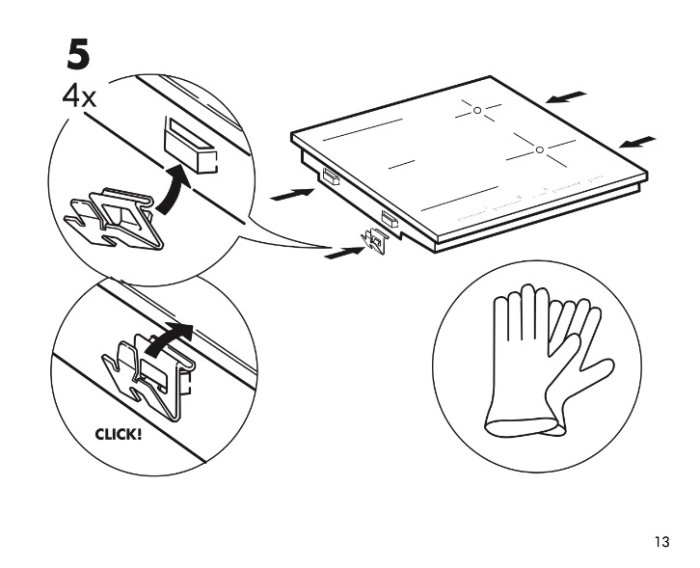 Instruktionsbild som visar montering av beslag på byggplatta med förstoring av klickmekanism och skyddshandske-symbol.