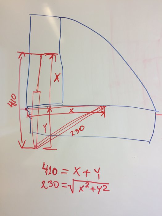 Handritad skiss av en fjäderdämpares position med måttangivelser och matematisk ekvation.