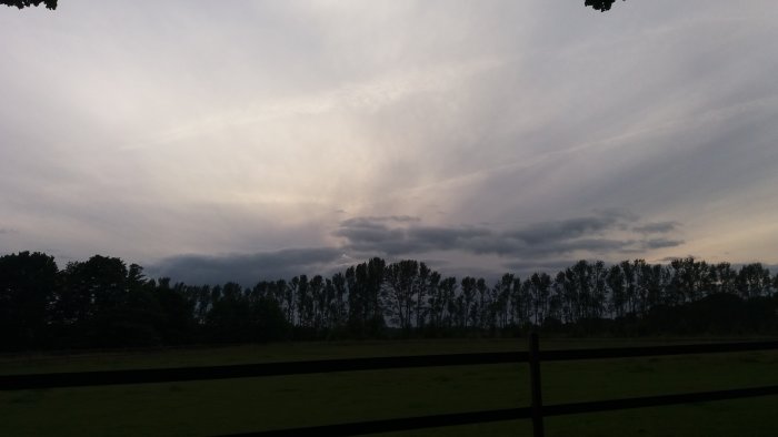 Mörka moln över ett fält med trädlinje i skymning, vilket förmedlar en dyster stämning.