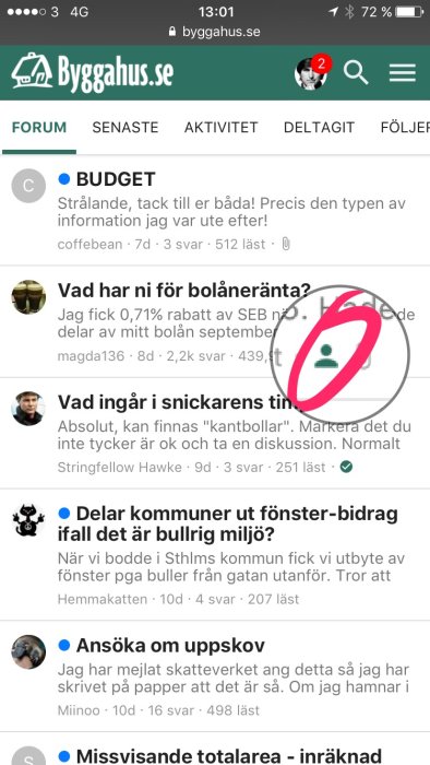 Skärmdump av diskussionsforum med trådar angående byggprojekt och höjdpunkten är en grön figur som visar aktiv deltagande.