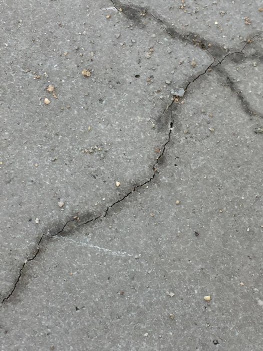 Sprickor i en grå betongplatta utomhus, ägaren är orolig över sprickbildningen.