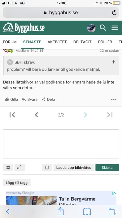 Skärmdump av ett diskussionsforum med öppen tråd på byggahus.se via mobil.