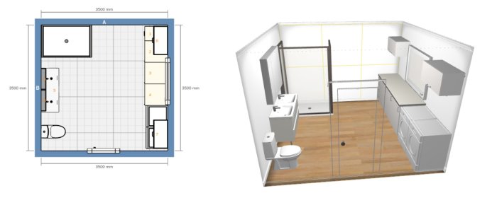 Illustration och 3D-modell av badrumslayout med dusch, kommod, toalett och tvättmaskiner.